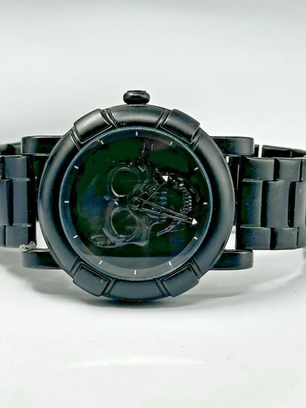 Skmei Skull Dial Watch Men All Black 46MM Round Dial New Battery 8.75 Inch